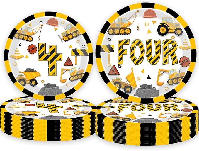 Construction 4th Birthday Party Plates Dump Truck Four Years Old Disposable Paper Dinner Plates Dinnerware for Construction Theme Fourth Birthday Party Supplies Decorations