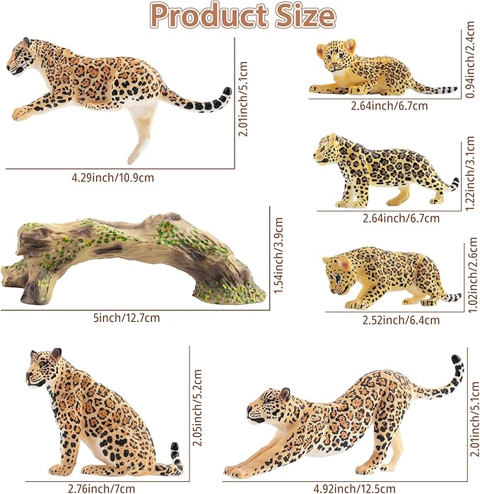 Toymany 7PCS Leopards Figurines with Leopards Cub and Tree Trunk, Realistic Jungle Animals Figures Family Playset, Educational Toy Cake Toppers