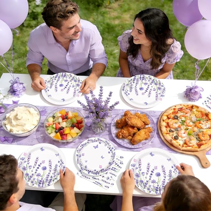200Pcs Lavender Party Supplies Spring Purple Lavender Floral Plates and Napkins Disposable Butterfly Flower Tableware Set for Wedding Birthday Baby Shower Tea Party Decorations Serves 50