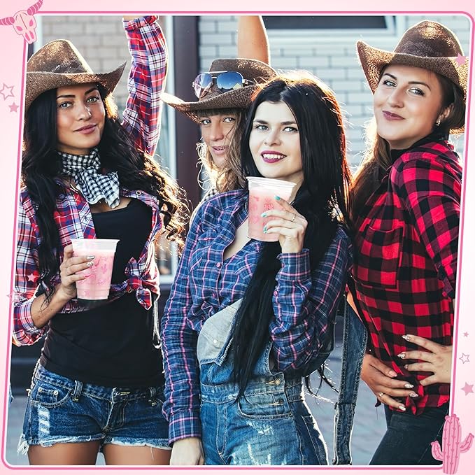 100 Pcs Western Plastic Cups 12 oz Clear Disposable Plastic Cowboy Cowgirl Drinking Cups Bulk for Boho Preppy Baby Shower Birthday Wild West Party Decoration Supplies(Western Cowgirl,Pink)