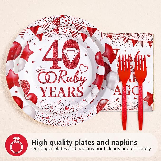 96Pcs 40th Wedding Anniversary Party Supplies Red Happy 40th Anniversary Plates and Napkins Ruby 40 Years Tableware Set for Men Women 40 Years Wedding Anniversaries Party Decorations Serves 24