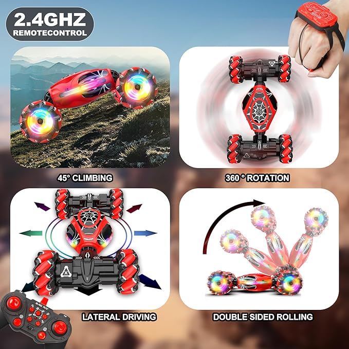 Gesture RC Car, 1:18 4WD Transform Off-Road Stunt Car with Gesture & Remote Control, 360° Flips Drift Vehicle with LED Lights Music, All Terrain Toy Cars Gifts for Boys Girls Age 6-12