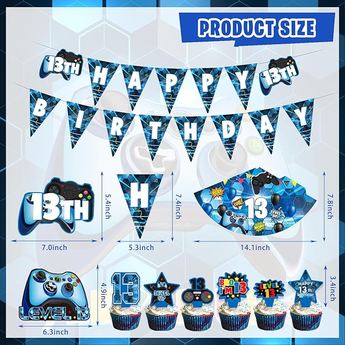 13th Birthday Decorations for Boys, 150Pcs Blue Video Game level 13 Party Supplies for Boy 13th Birthday - Backdrop, Banner, Balloons, Tablecloth, Centerpieces, Hanging Swirls, Wall Signs