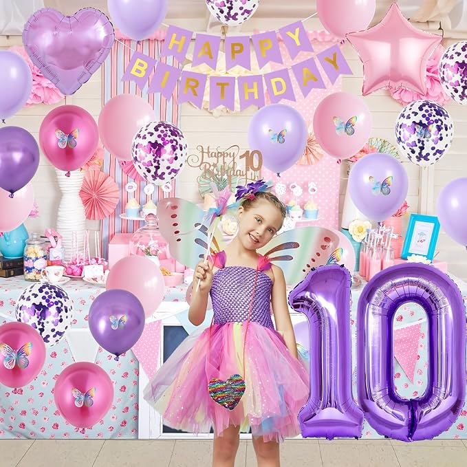 10th Birthday Decorations for Girl,Pink Purple 10th Butterfly Birthday Decorations 10th Birthday Balloons Pink Purple Birthday Banner Number 10 Balloons Cake Topper Butterfly Party Supplies for Girls