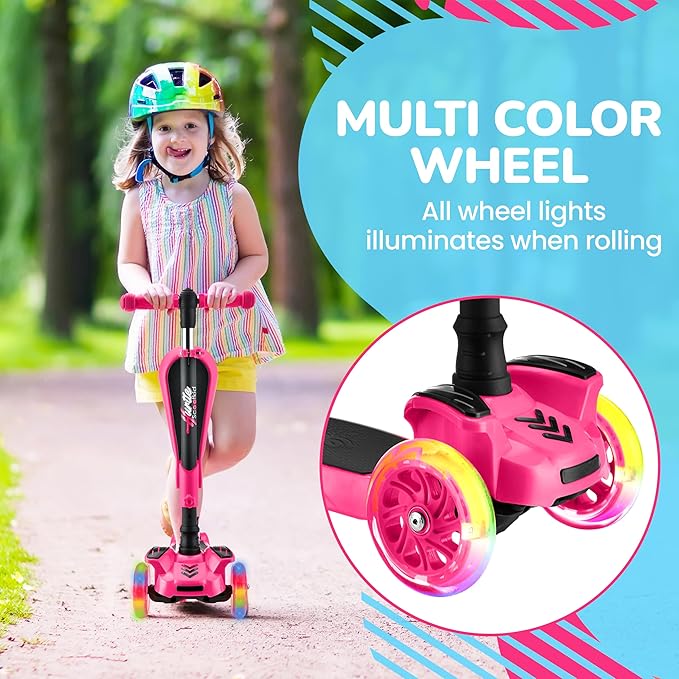 Hurtle 3-Wheeled Scooter for Kids - Wheel LED Lights, Adjustable Lean-to-Steer Handlebar, and Foldable Seat - Sit or Stand Ride with Brake for Boys and Girls Ages 1-14 Years Old