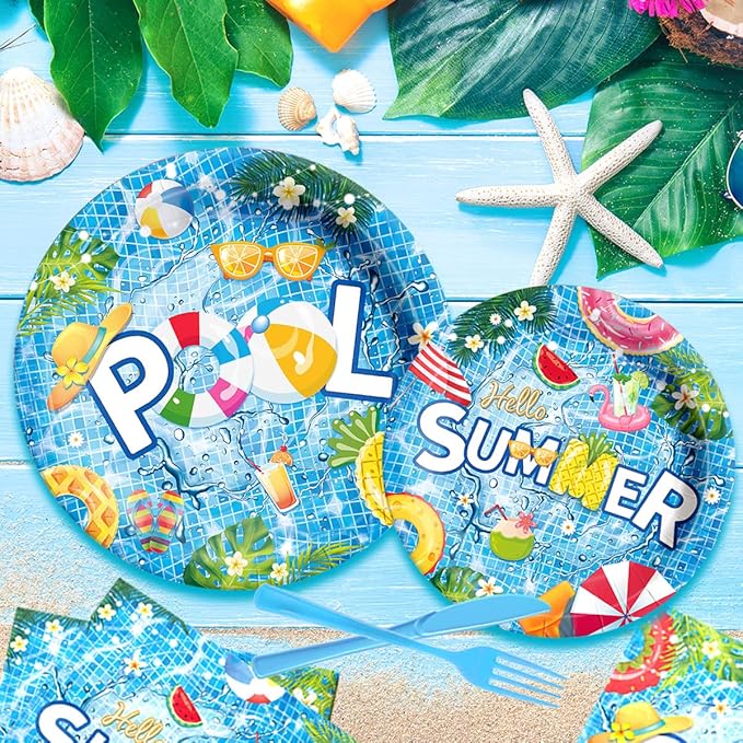 Pool Party Decoration-143Pcs Summer Tableware Pool Hello Summer Plates and Napkins Set Beach Hawaiian Pool Birthday Party Supplies,Summer Swimming Disposable Tableware Serve 20 Guests
