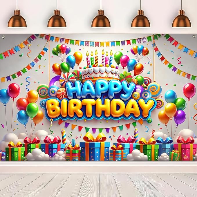 Happy Birthday Banner Decrations Colorful Backdrop 96x72 Inch Balloons Confetti Cake Background Decoration for Kids Boys Girls Photo Booth Party Supplies For Girls or boys gifts