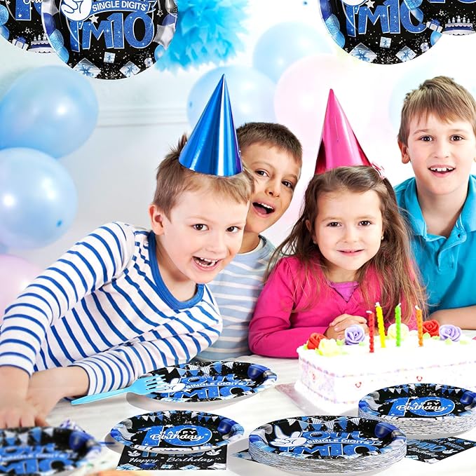 96 Pcs 10th Birthday Decorations for Boys 350 GSM Blue and Black 10th Birthday Plates and Napkins Disposable Out Single Digits I'm 10 Tableware Set for Kids 10 Year Old birthday Decorations Serves 24