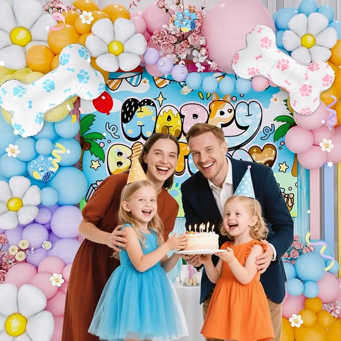 Blue Dog Birthday Party Decorations for Girls & Boys - Cartoon Theme Balloon Arch Kit with Backdrop, Fringe Curtains & Bone Foil Balloons - Easy Setup Party Supplies for 1st 2nd 3rd Bday