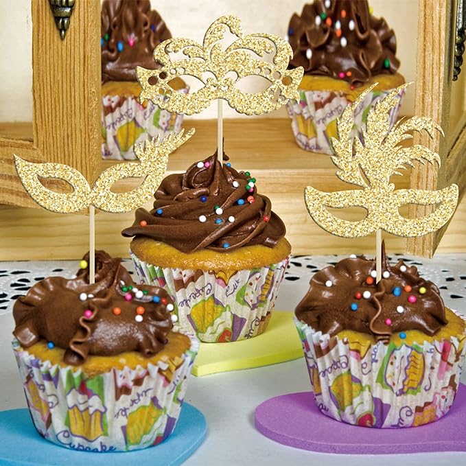 Gyufise 24Pcs Masquerade Masks Cupcake Toppers Gold Glitter Bachelorette Party Mask Cupcake Food Fruit Picks Masquerade Mardi Gras Party Baby Shower Birthday Party Cake Decorations