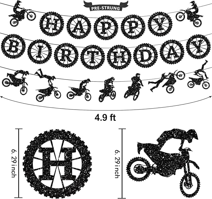 Pre-Strung Dirt Bike Birthday Party Decorations, NO DIY Glitter Happy Birthday Banner, Sick Motocross Stunt Decor Motocross Themed Party Supplies