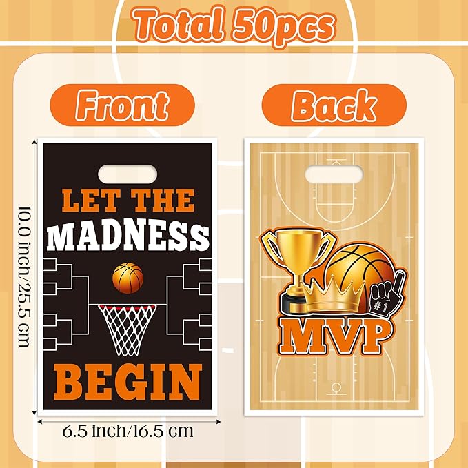 Basketball Party Favor Bags - 50Pcs Plastic March Madness Candy Treat Gift Bags with Handles Match Party Decoration Snack Goodie Bag Birthday Sport Theme Party Supplies for Basketball Lovers