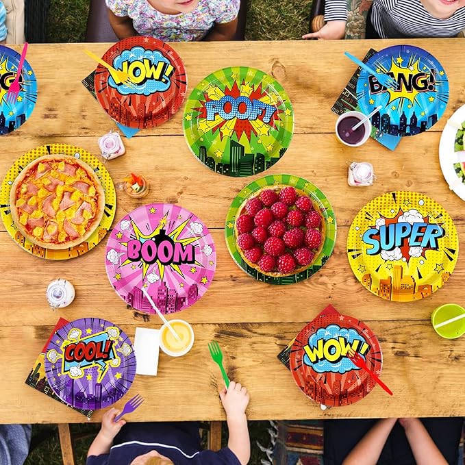 96Pcs Super Theme Hero Party Decorations Colorful Comic Hero Plates and Napkins Dessert Tableware Sets Super Theme Hero Birthday Decorations Favors for Kids Baby Shower Spider Party Supplies Serve 24