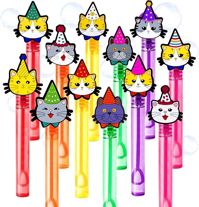 Cat Party Favors for Kids – 24PCS Cute Kitten Bubble Wands, Great for Birthday Supplies, Pinata Fillers, Goodie Bags & Classroom Rewards