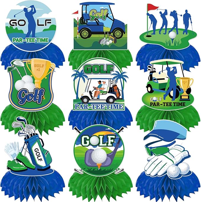 9 Pcs Masters Golf Party Decorations, Honeycomb Golf Birthday Decorations and Centerpieces for Tables with Double-Sided Printing, Sport Themed Birthday Decor Table Party Supplies
