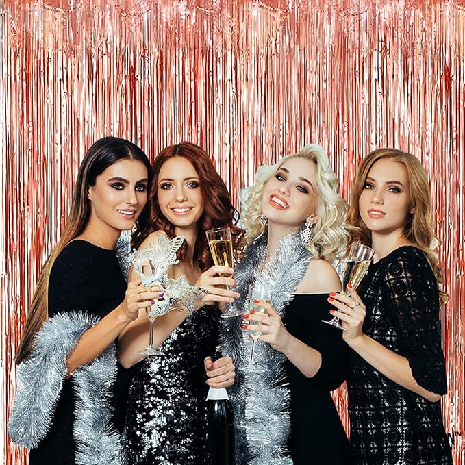 KatchOn, Rose Gold Fringe Curtain - Pack of 2 | Rosegold Backdrop for Anniversary, Wedding, Bachelorette Party Decorations| Fringe Backdrop for Rose Gold Birthday Decorations