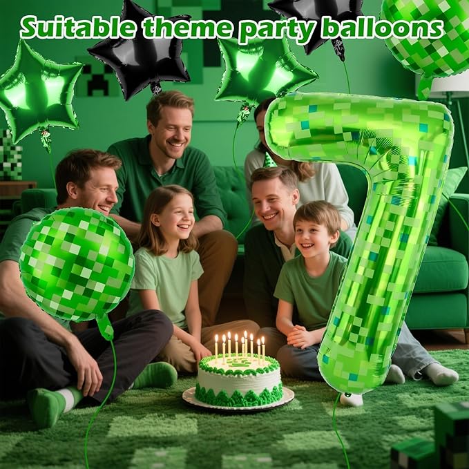 40 Inch Green Pixel Themed Number 7 Balloon Set Foil Balloon for Girls & Boys Birthday Party Decorations, Party Supplies & Favors (Number 7)