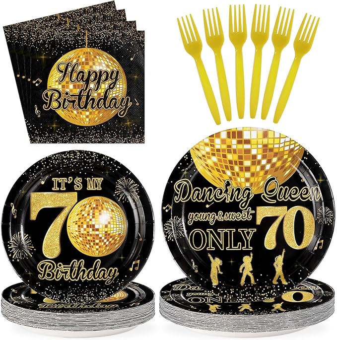 96Pcs Happy 70th Birthday Party Supplies Dancing Queen Young and Sweet Only 70 Plates and Napkins Disco Black Gold Tableware Set for Queen Women Cheers to 70 Years Party Supplies, Serves 24