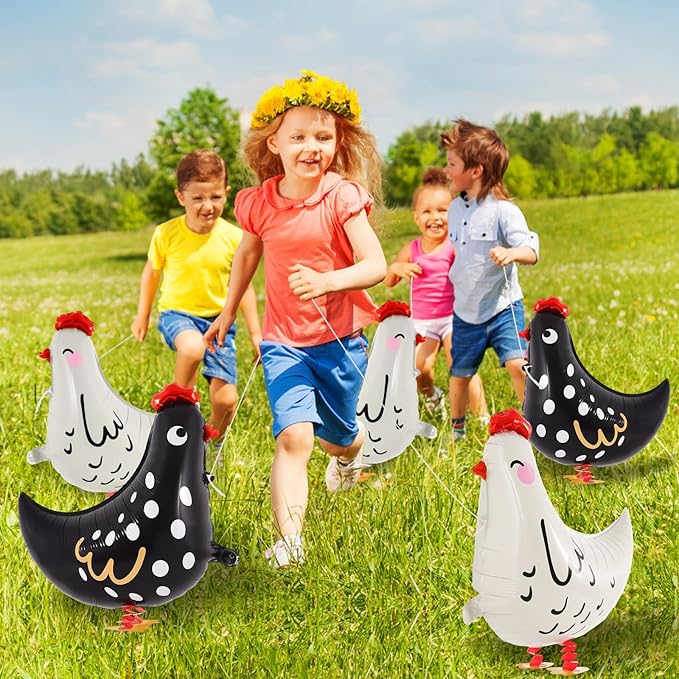 6 PCS Walking Chicken Balloons, Aluminum Foil Chicken Party Decorations White and Black Chicken Walking Balloons for Birthday Baby Shower Farm Animal Theme Party, 20 Inch
