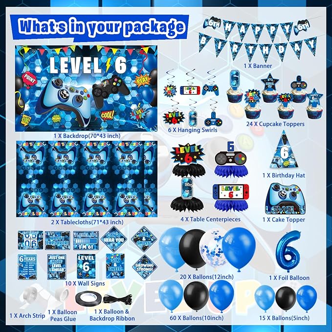6th Birthday Decorations for Boys, 149Pcs Blue Video Game level 6 Party Supplies for Boy 6th Birthday - Backdrop, Banner, Balloons, Tablecloth, Centerpieces, Hanging Swirls, Wall Signs