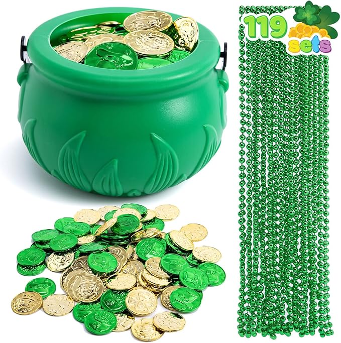 JOYIN 119 Pcs St. Patrick’s Party Supplies Set, 18 Bead Necklaces, 100 Plastic Coins and 1 Cauldron, St Patrick’s Day Party Favor Supply (Green Cauldron, Bead Necklace, Green and Gold Coins)