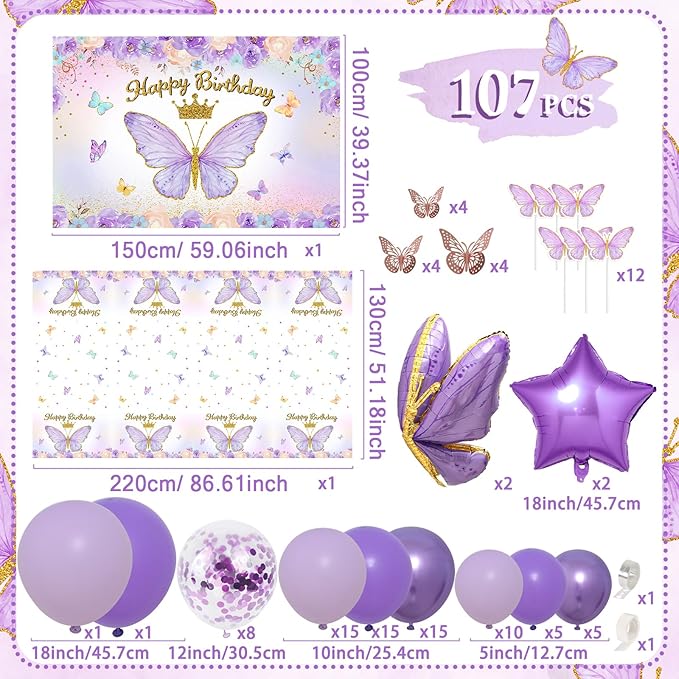 Purple Balloon Arch Kit with Foil Butterfly Balloons, Happy Birthday Backdrop & Tablecloth Decorations for Girl's Party