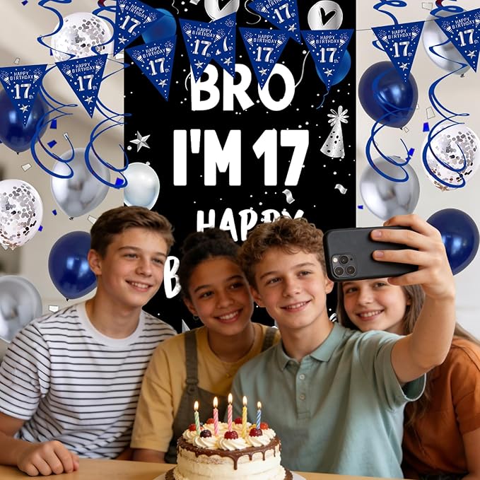 17th Birthday Decorations for Boys Girls, Dark Blue 17 Year Old Bday Decorations with Happy 17th Birthday Banner Backdrop Tablecloth, Party Supplies with 17 Balloon Numbers, Triangle Flag, Foil Stars