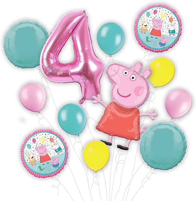 Customizable Peppa Pig Balloon Bouquet featuring Peppa - Choose your Age Number - Party Supplies Bundle, Birthday Decorations, Foil and Latex, Inflate With Helium