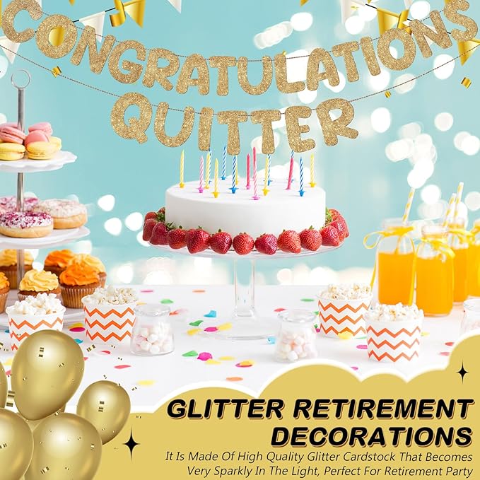 Fulmoon Pre Strung Congratulations Quitter Glitter Banner Funny Retirement Banner Graduation Party Decorations Going Away Supplies Garland for Men Women Gifts, No DIY(Champagne Gold)