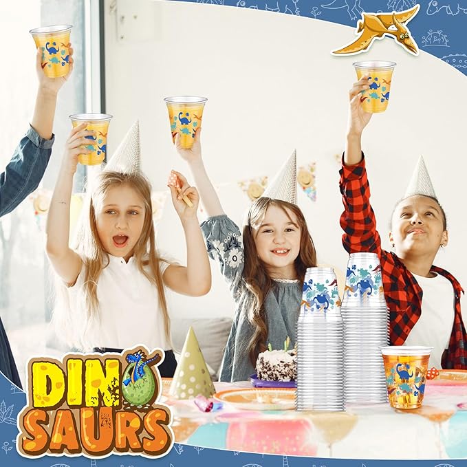 50 Pcs Dinosaur Cups 12 oz Disposable Plastic Cups Dino Tumbler for Dinosaur Birthday Party Supplies Decorations, Multi Color