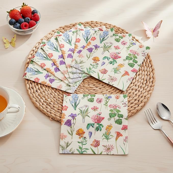 100 Pcs Floral Paper Napkins, 2-Ply Vintage Wildflower Cocktail Napkins Retro Decorative Decoupage Napkin Spring Dessert Beverage Napkin for Tea Party, Wedding, Birthday