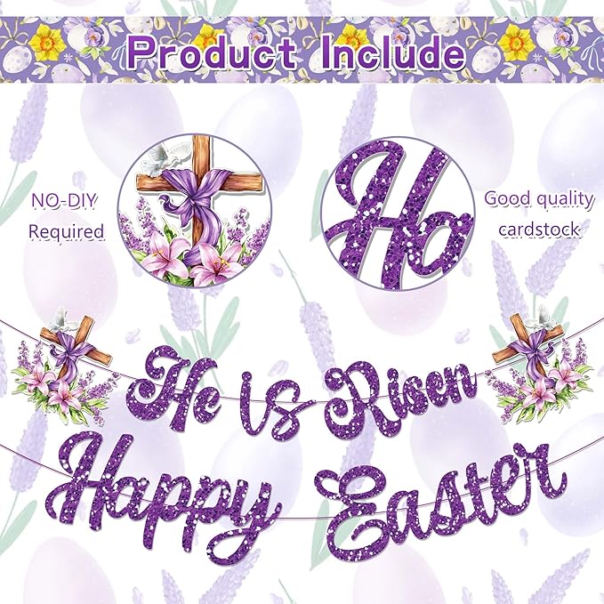 CC HOME Purple Glitter Happy Easter Cross Banner He is Risen Party Hanging Banner Easter Theme Birthday Bridal Wedding Baby Shower Boys Girls Kids Home Classroom Party Supplies Decoration