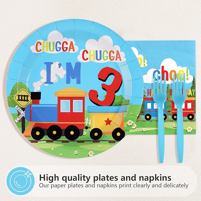 96 Pcs Train 3rd Birthday Party Decorations Chugga Chugga I'm 3 Plates and Napkins Disposable Railroad Transportation Tableware Set for Kids Train Theme 3 Years Old Birthday Party Supplies Serves 24