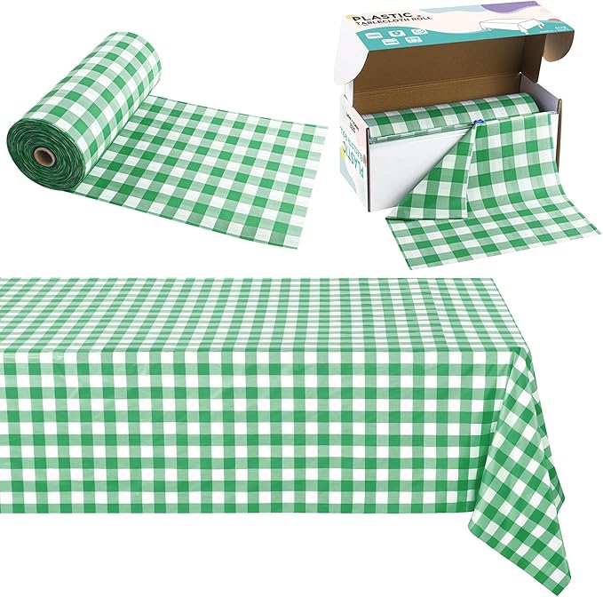 Kochorie 54 Inch x 300 Ft Light Green Checkered Plastic Table Cloth Roll Disposable Waterproof Table Cover Plastic Table Cover Roll with Easy Slide Cutter for Outdoor Picnic/Home Dining/Spring Party