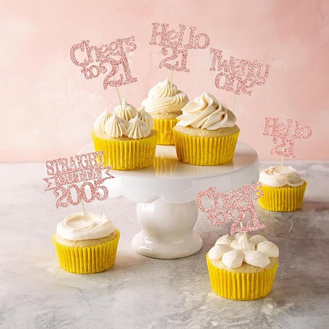 Ephlyn 24Pcs 21st Birthday Cupcake Toppers Glitter Straight Outta 2005 Cupcake Picks Hello 21 Cheers to 21 Years Cake Decorations for 21st Birthday Anniversary Party Decorations Supplies Rose Gold