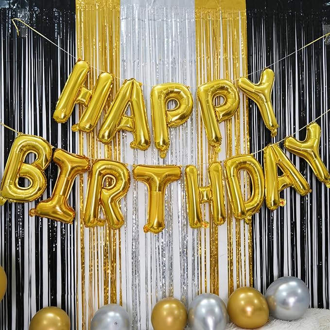 Gold Happy Birthday Balloon Banner, Foil Letter Balloons Party Decoration Sign for Men and Women