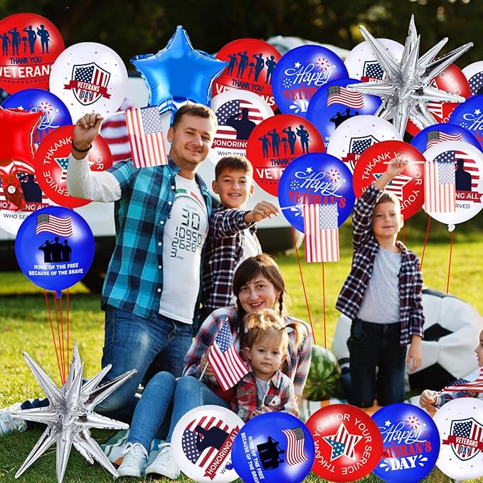 Hungdao Veterans Day Balloons Set 12 Inch American Blue Red White Balloon Thank You Veteran for Patriotic Independent Theme 4th of July Memorial Decorations Party Supplies(Veterans Day)