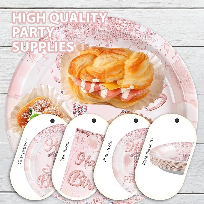 Grencian 12th Birthday Decorations Rose Gold 12th Birthday Plates and Napkins Disposable Rose Gold Official 12 Pre-Teen Paper Tableware Set for Girls 12 Year Old Party Supplies, Serves 24