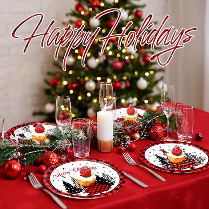 60 Pcs Red Christmas Paper Plates 9 Inch Xmas Buffalo Plaid Tree Snowflake Disposable Plates Merry Christmas Tree Themed Tableware for Holiday Xmas Winter Party Decorations Supplies