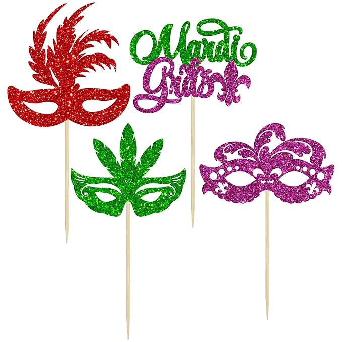 Gyufise 24Pcs Mardi Gras Cupcake Toppers Glitter Masquerade Masks Cupcake Pick Decorations Mardi Gras Party Baby Shower Birthday Cake Decorations Party Supplies Colorful 1
