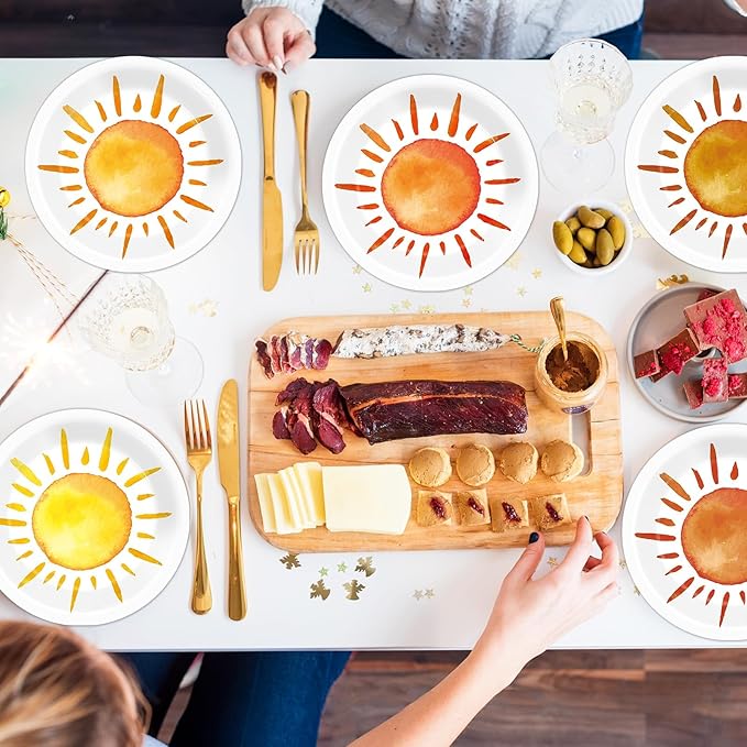 CHUNNIN 60 Pcs Boho Sun Theme Party Plates for Groovy Hippie Party Decorations 9 Inch First Trip Around The Sun Paper Plates Disposable Sunshine Tableware for Baby Shower Birthday Supplies