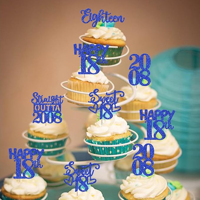 30 PCS 18th Birthday Cupcake Toppers Glitter Eighteen Happy 18 Straight Outta 2008 Cupcake Picks for Cheers to 18 Fabulous 18th Birthday Anniversary Party Cake Decorations Supplier Blue
