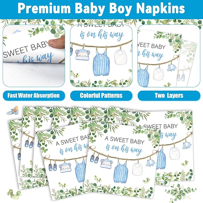 96Pcs Greenery Baby Shower Plates and Napkins Decoration Watercolor Blue Baby Boy Party Tableware Dinnerware Set A Sweet Boy Is On His Way Paper Plates for Gender Reveal Party Supplies Serve 24 Guests