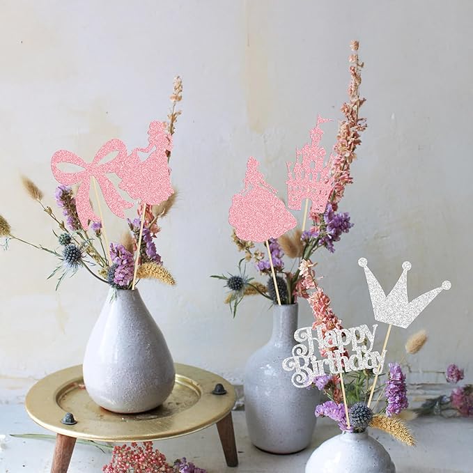 Gyufise 12Pcs Princess Centerpiece Sticks Birthday Bowknot Castle Birthday Table Flower Centerpieces Sticks Crown Bow Party Decorations for Bridal Shower Birthday Wedding Party Supplies Pink