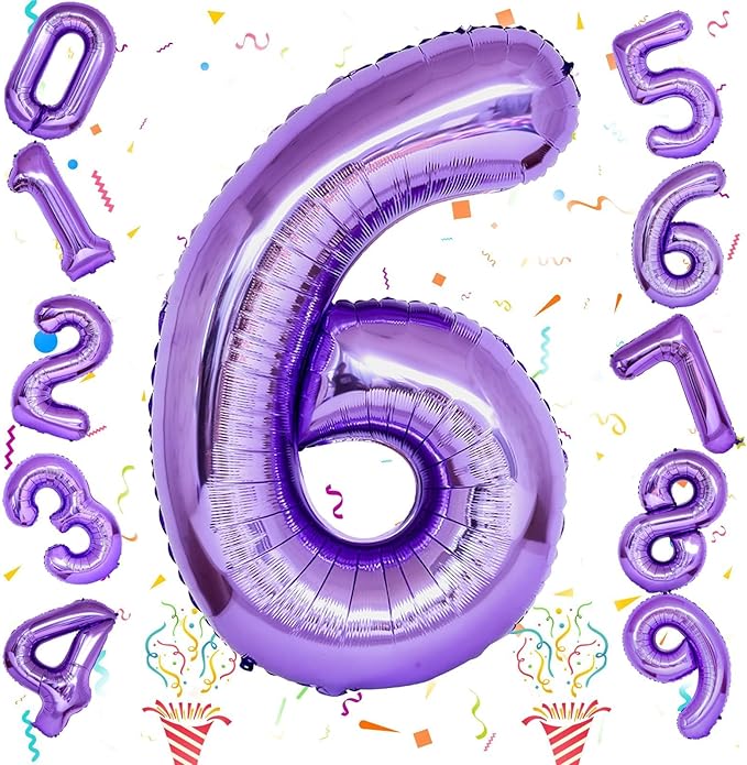 Purple Number 6 Balloon for Girls 6th Birthday, 40 Inch Number Foil Balloon 6, Mylar Helium Large Balloon for Kids 6 Years Old Birthday Party Decor Anniversary Graduation Party Decorations Supplies