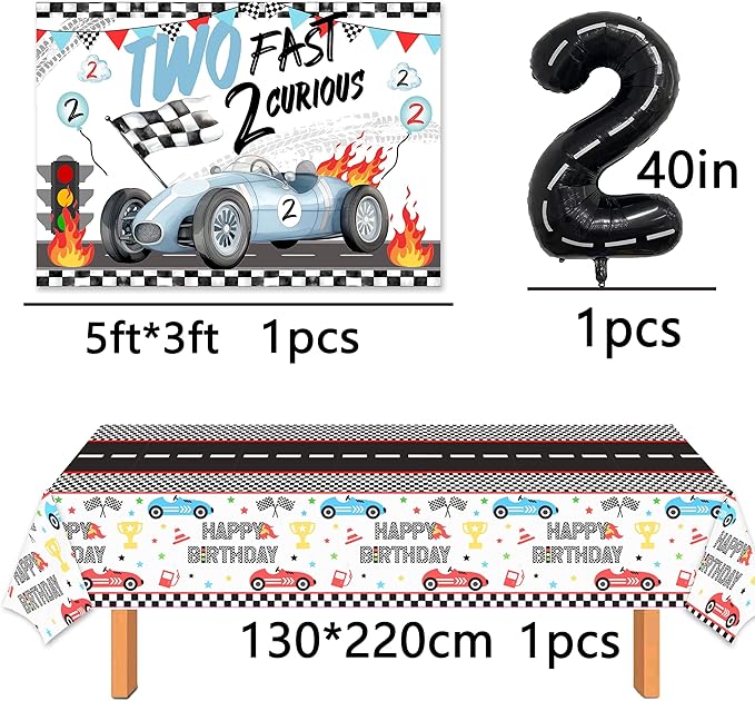 2 Fast Birthday Decorations，Two Fast 2 Curious Racing 2nd Birthday Decorfor Boys Girls 2nd Bday Racing Themed Car Decoration Party Supplies 。