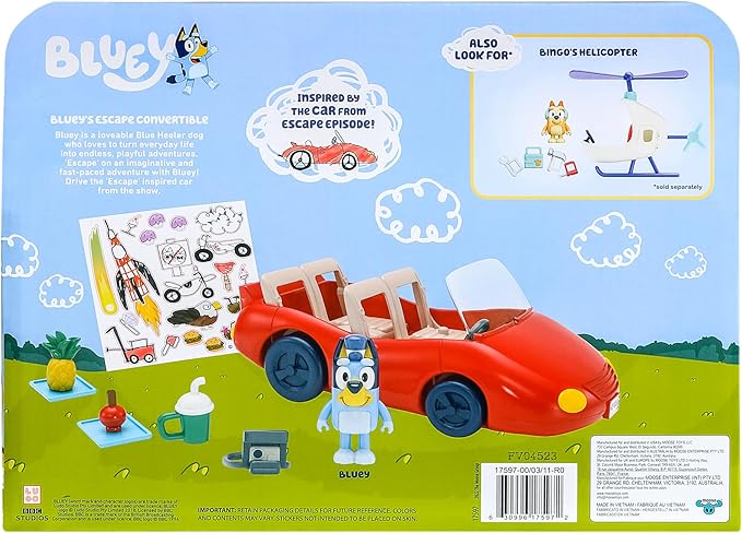 Bluey Figurine (2.5”) & Escape Convertible Vehicle Playset, Robust Toddler Toy Car with 4 Accessories and Stickers, Immersive Toys for Kids Ages 3+