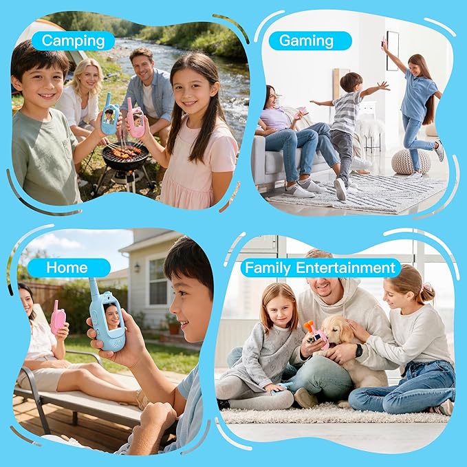 Video Walkie Talkies for Kids, Blue/Pink 2 Pack 1000 mAh Rechargeable Long Range Video walkie talkies, 3 Wearing Options Indoor Outdoor Toys for Family Games, Outside, Gifts for Boys Girls Ages 3-12