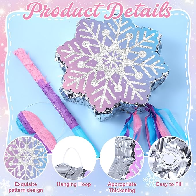Snowflake Piñata Snowflake Birthday Decorations Wonderland Birthday Party Supplies Piñata with Blindfold Stick for Princess Party Supplies Decorations