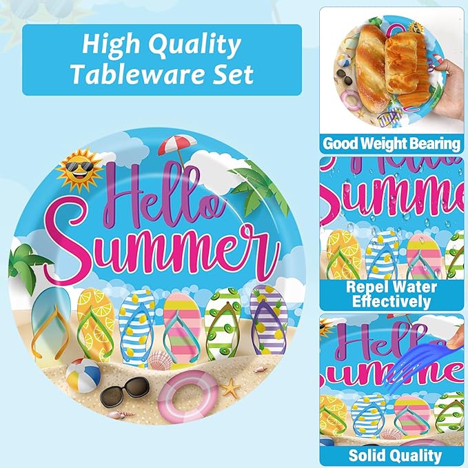 CHUNNIN 96Pcs Hello Summer Plates and Napkins Beach Party Decorations Hawaiian Tropical Disposable Paper Dessert Plates Tableware Set for 24 Guests Kids Summery Ocean Pool Birthday Party Supplies